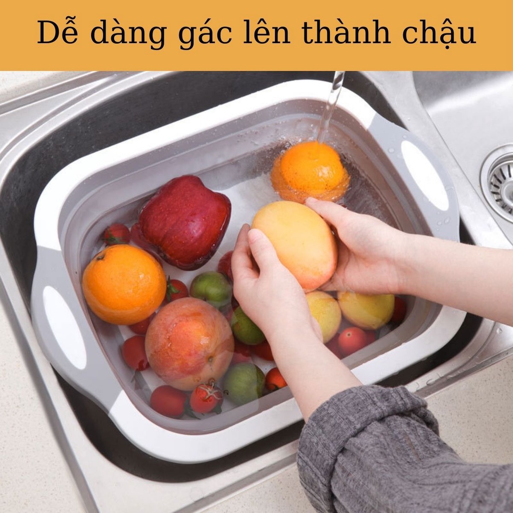 Thau Chậu Rửa Gấp Gọn Kiêm Thớt Thái Rổ Đựng Đa Năng Tiết Kiệm Diện Tích