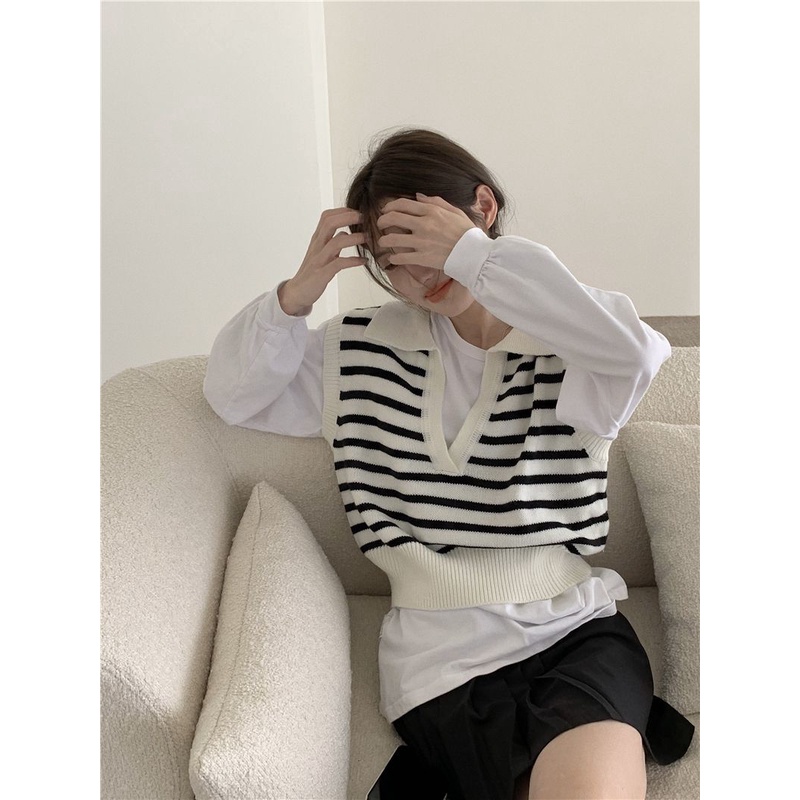 Set áo sơ mi dài tay và áo len không tay họa tiết sọc thời trang dành cho nữ