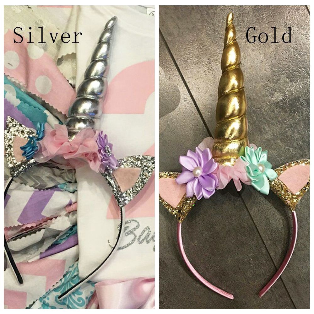 Băng đô cài tóc gắn sừng kỳ lân đính kim tuyến long lanh