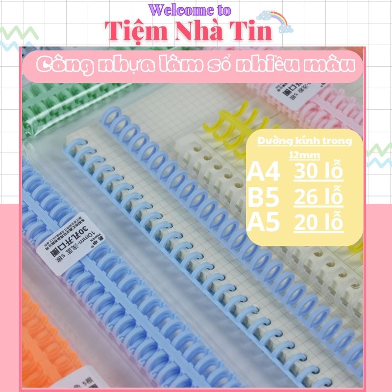 Thanh Còng Nhựa Làm Sổ Tiệm Nhà Tin, Kẹp Tài Liệu Đường Kính Trong 12mm Nhiều Màu A4 B5 A5 30 26 20 Lỗ