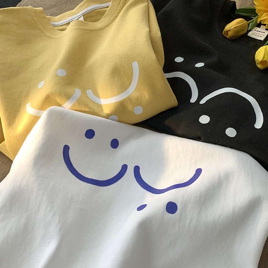 Áo thun tay lỡ form rộng in hình mặt cười so cute chất cotton mịn mát dành cho cả nam và nữ