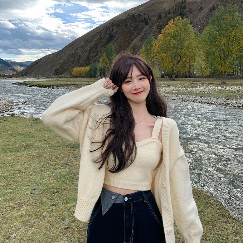 Bộ áo khoác cardigan dệt kim và áo hai dây thời trang thu đông cho nữ (có bán lẻ) | BigBuy360 - bigbuy360.vn