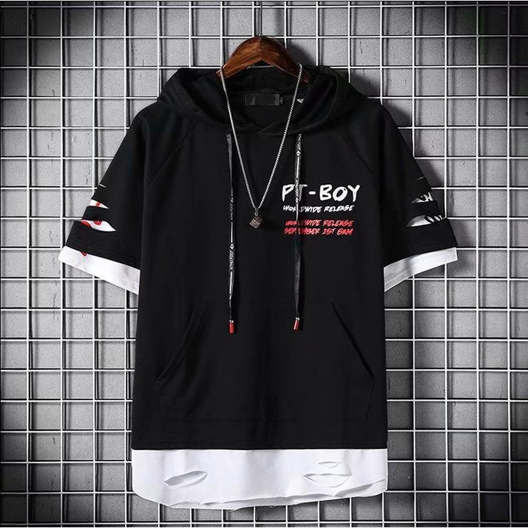 Áo hoodie tay ngắn giả hai lớp dáng rộng trẻ trung hợp thời trang dành cho nam