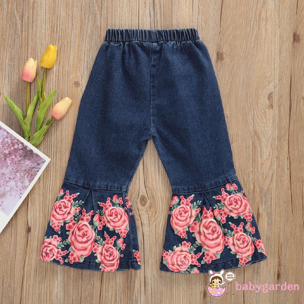 Quần Jeans Dài Ống Loe In Hoa Cho Bé Gái