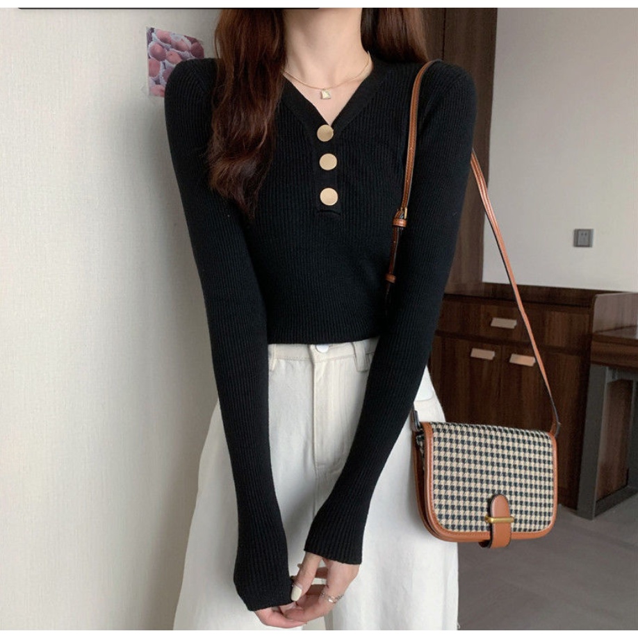 Áo Sweater cổ chữ V màu đen thời trang thu đông cho nữ