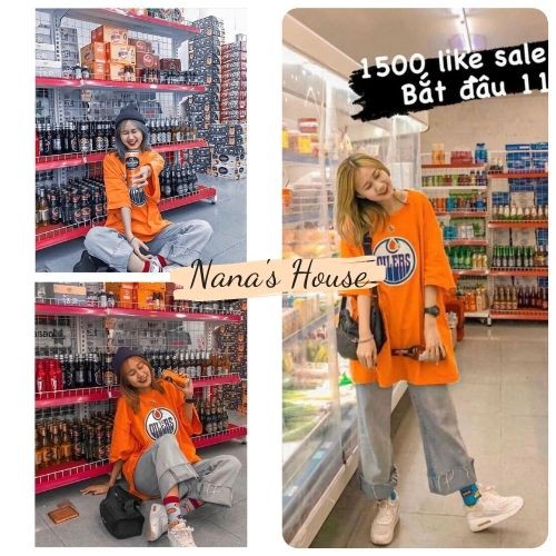 Áo Phông Form Rộng In Hình OILERS 🎁 Nana's House 🎁 Thun cổ tròn oversize màu cam nổi bật, cá tính