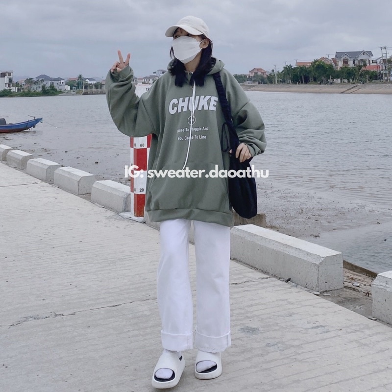 [ ẢNH THẬT ] ÁO HOODIE NỈ XANH CHUKE FORM RỘNG TAY BỒNG OVERSIZE | WebRaoVat - webraovat.net.vn