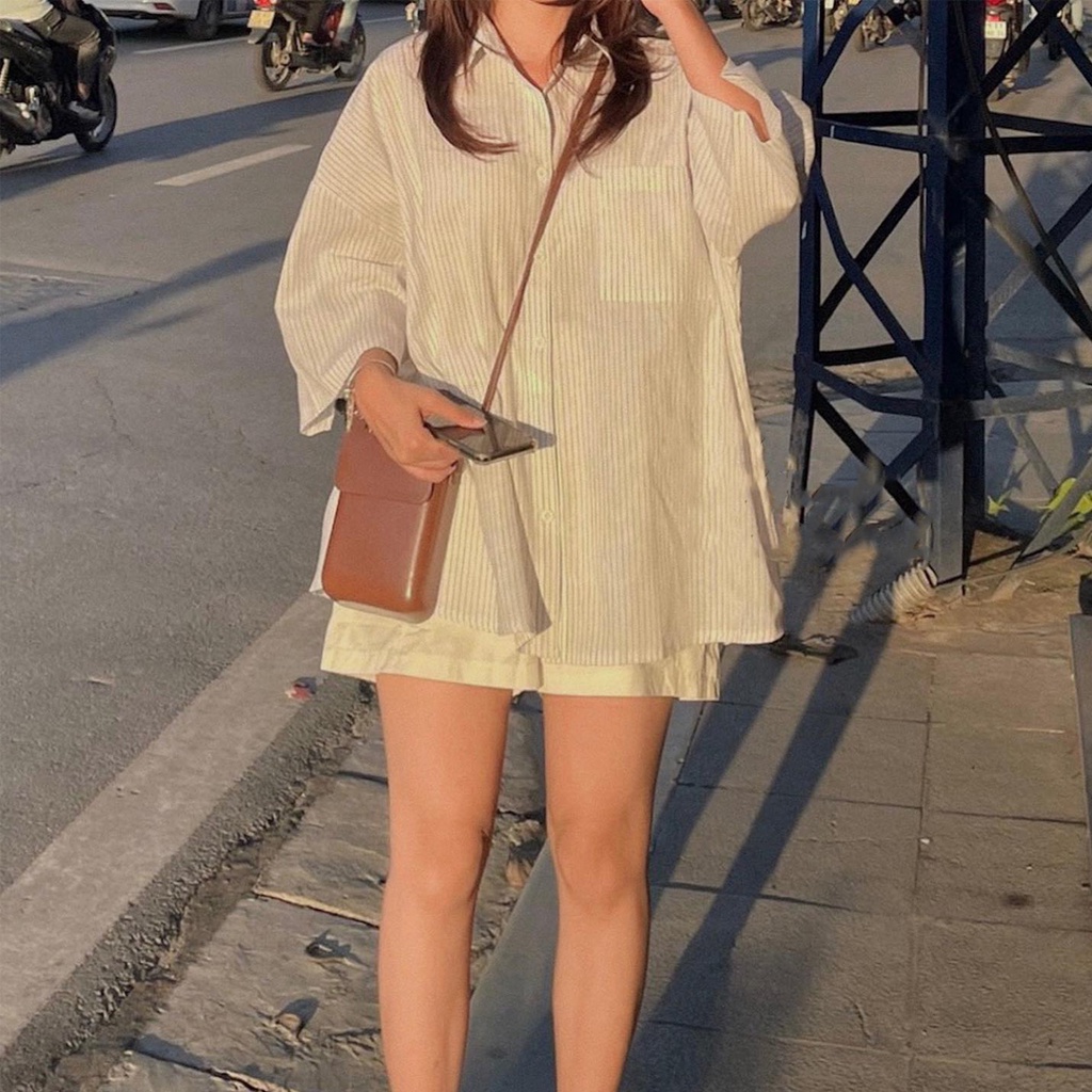 Áo sơ mi kẻ sọc form rộng Hàn Quốc, Áo sơ mi tay lỡ style Ulzzang