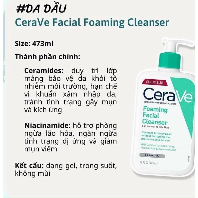 Sữa rửa mặt Cerave Facial Foaming Cleanser 473ml da dầu
