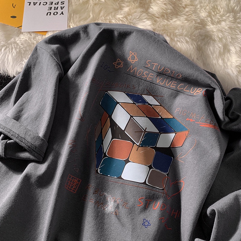 Áo Thun Tay Ngắn Form Rộng Mềm Mại Thoải Mái In Hình Rubik Cho Nam