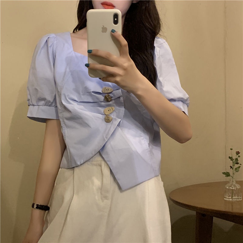 Áo Sơ Mi Ngắn Cổ Chữ V Tay Phồng Thiết Kế Không Đồng Đều Thời Trang Mùa