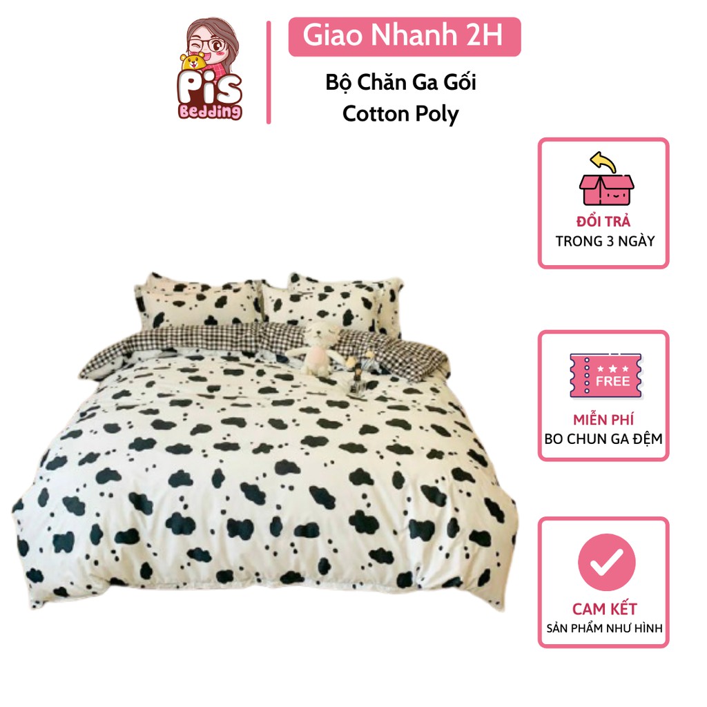 Bộ Chăn Ga Gối Cotton Poly Bò Sữa 2 Chấm