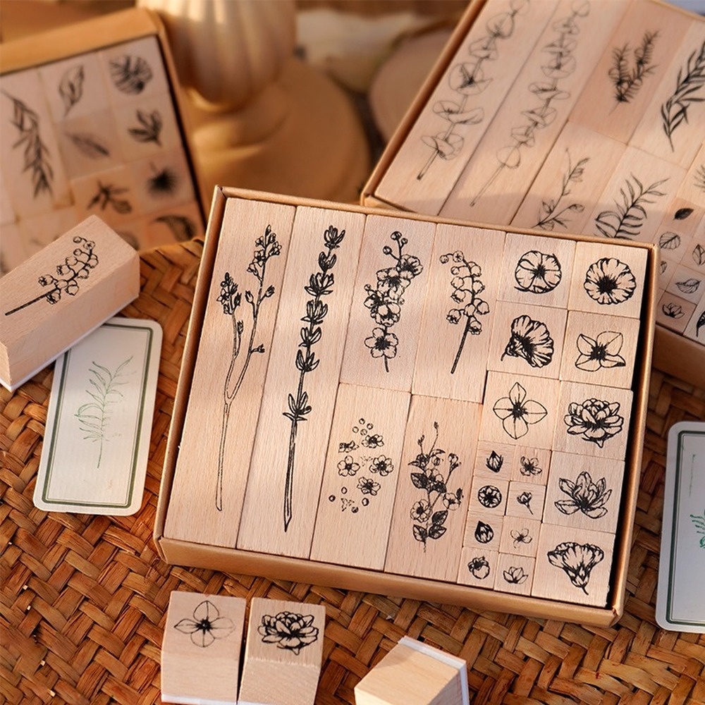 Set 22 Con Dấu Bằng Gỗ Họa Tiết Hoa Lá Trang Trí Thủ Công DIY