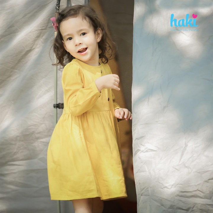Váy thu đông dài tay bé gái Haki vải Linen cao cấp màu Vàng HK493