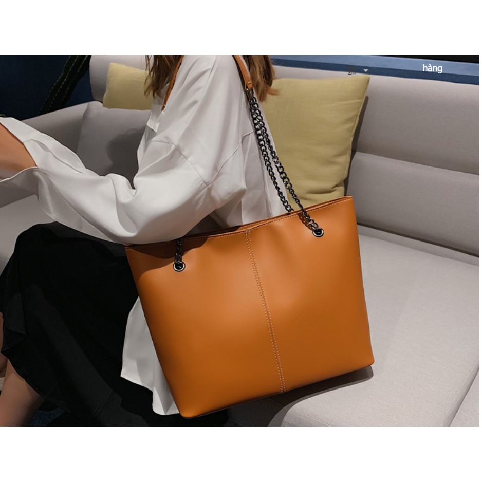 D08 Túi xách bản to chất da mềm phối dây xích thời trang