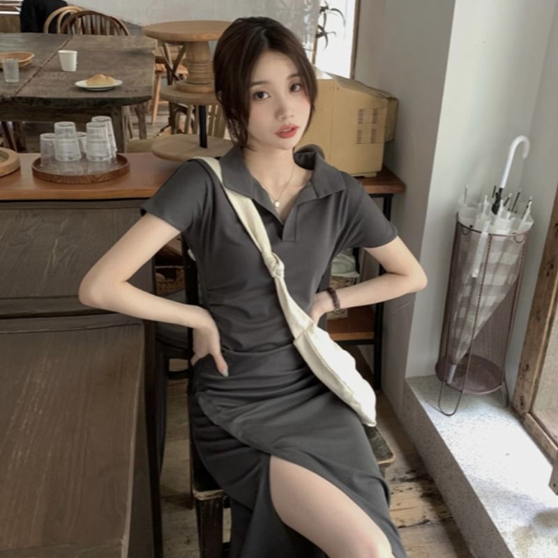 Đầm Dài Cổ polo Dáng Ôm Màu Xám Thời Trang Quyến Rũ Cho Nữ  tao bao