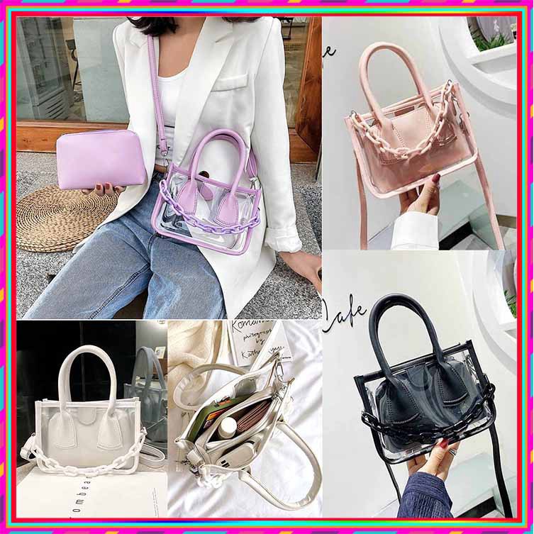 💝 COMBO TÚI + VÍ 💝 SÉT NHỰA TRONG PHỐI XÍCH NHỰA NỮ MẪU MỚI ĐẸP MẶT CÓ QUAI XÁCH TAY DÂY ĐEO CHÉO