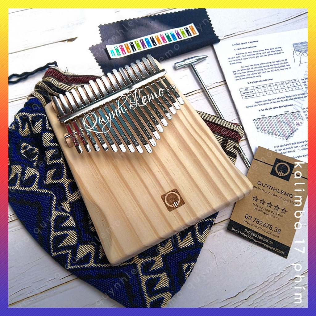 Đàn kalimba 17 phím nguyên khối QUYNHLEMO, Kalimba 17 phím gỗ thông tấm cao cấp có khắc logo đầy đủ phụ kiện