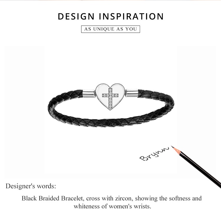 Vòng tay BAMOER SCB205 bằng da thật &amp; bạc thật 925 bạch kim mặt thánh giá khảm đá zircon thời trang cho nữ