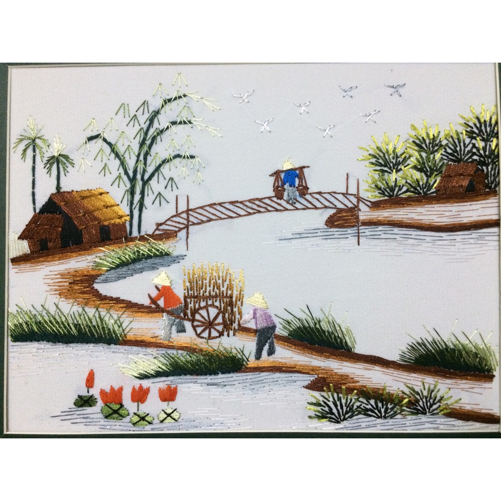 Tranh thêu tay đồng quê xe bò DQ003