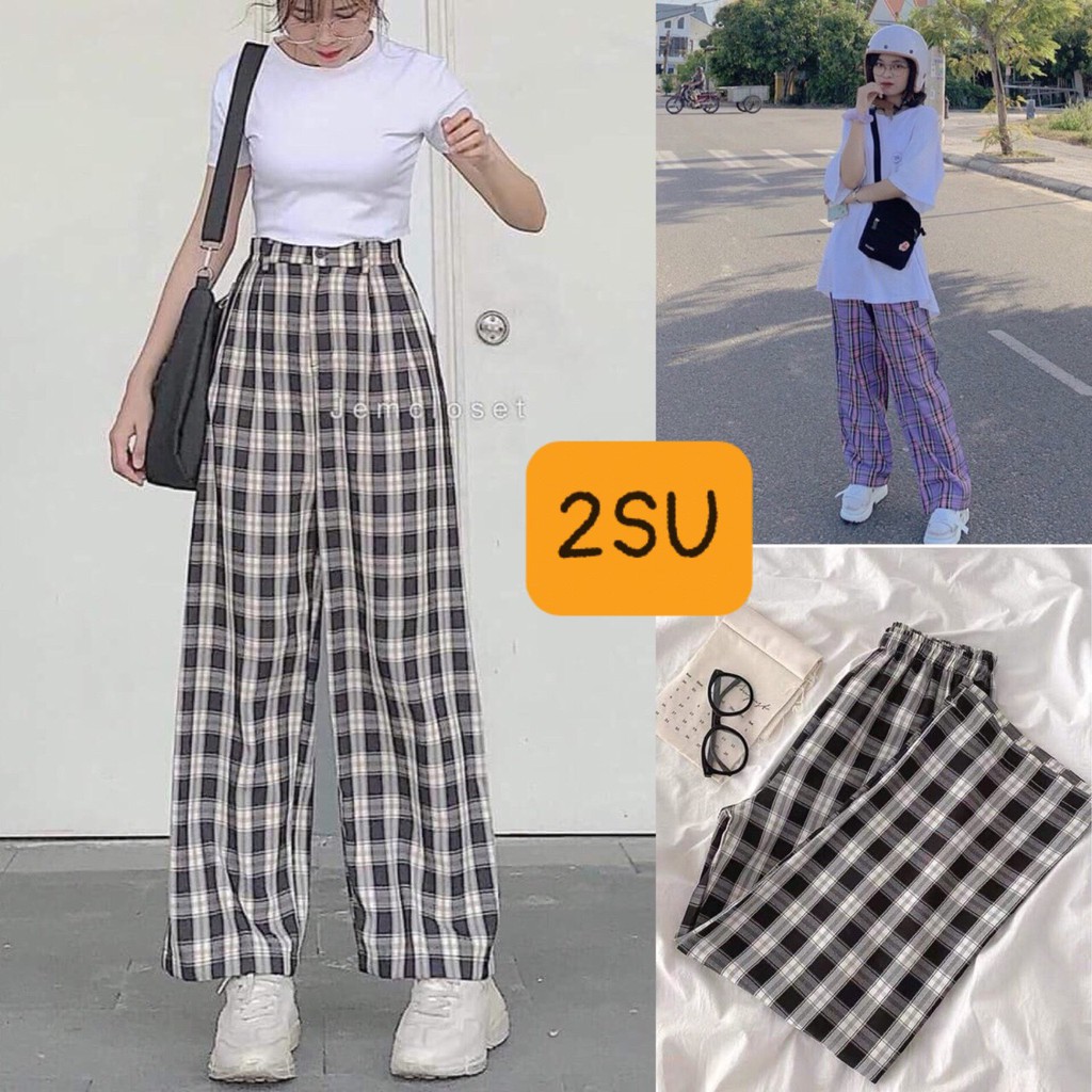 Quần kẻ caro giả cúc lưng thun cạp cao ống suông tôn dáng | BigBuy360 - bigbuy360.vn