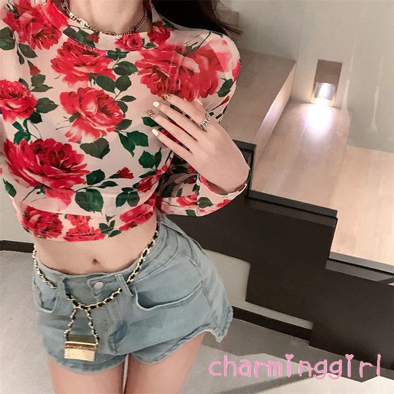 Áo Croptop Tay Dài Cổ Tròn In Họa Tiết Hoa Phong Cách Retro Dành Cho Nữ