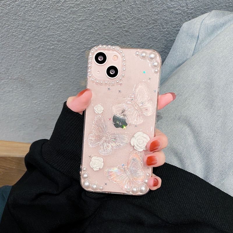 For iphone 14 pro max Ốp điện thoại TPU mềm họa tiết bướm trang trí ngọc trai giả ngọt ngào cho Iphone 13 12 Pro 11pro Max Xr Xs Max 8 7plus