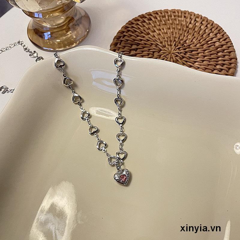 Vòng cổ mặt trái tim đính đá hồng phong cách Âu Mỹ cổ điển