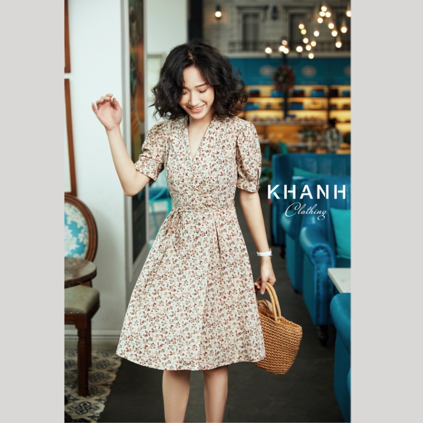 Váy hoa nhí buộc eo vintage cổ V thắt eo thanh lịch nữ tính | BigBuy360 - bigbuy360.vn