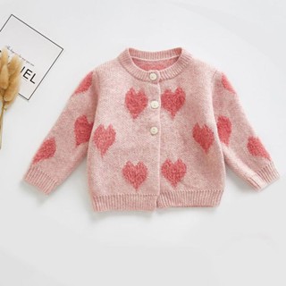 Áo cardigan len - quần yếm len hồng tim cho bé gái