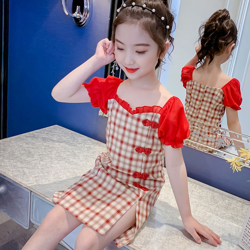 SANITKUN Đầm công chúa sườn xám họa tiết caro thời trang năm mới cho bé