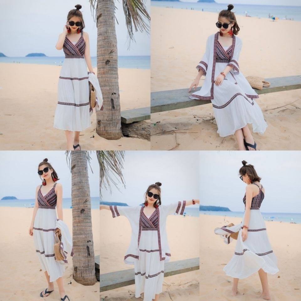 Đầm Cotton Lanh Mỏng Che Khuyết Điểm Đi Biển Phong Cách Dân Tộc Sanya