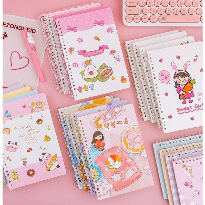 Sổ lò xo A5 họa tiết hoạt hình dễ thương/ Vở viết kẻ ngang notebook chủ đề khủng long, cô bé, thỏ, gấu quà tặng học sinh