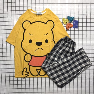 Sét Bộ Quần Áo Ulzzang Girl Style Nữ Ngắn Tay Mặc Đi Chơi, Áo Vàng Cotton In 3D Cartoon Gấu Mix Quần Ống Rộng Kẻ