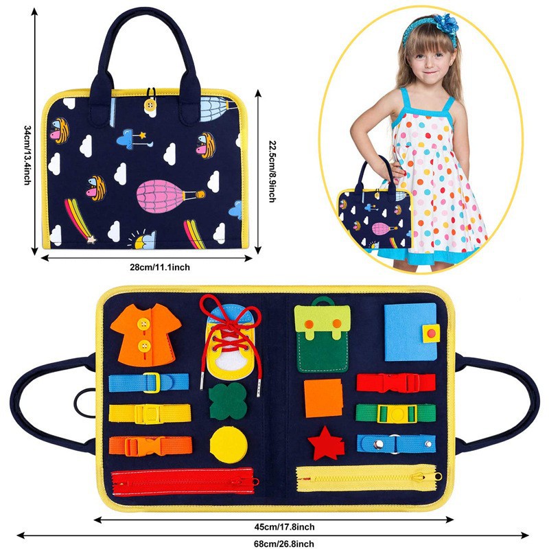 Bên trẻ em Busy Board Montessori Đồ chơi Bảng kỹ năng cơ bản cho trẻ mới biết đi Dress Dress, Đồ chơi học tập giáo dục, Túi được thiết kế đồ chơi khai sáng cho trẻ sơ sinh, bé trai và bé gái 1 2 3 4 5 tuổi