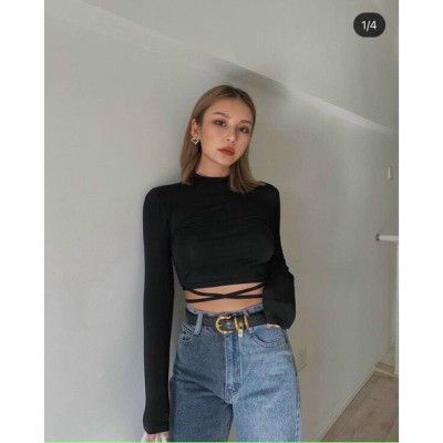 Áo thun cổ tròn croptop dài tay hở lưng buộc dây tôn dáng