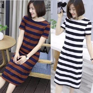 Đầm Hàn Quốc Chính Hãng Mùa Hè Nửa Tay Đầm Nữ Váy Dài Sọc Mùa Hè Cổ Tròn Giữa Chiều Dài Phiên Bản Hàn Quốc Đáy Hông Cô Gái Hàn Quốc Phải Có Tính Khí
