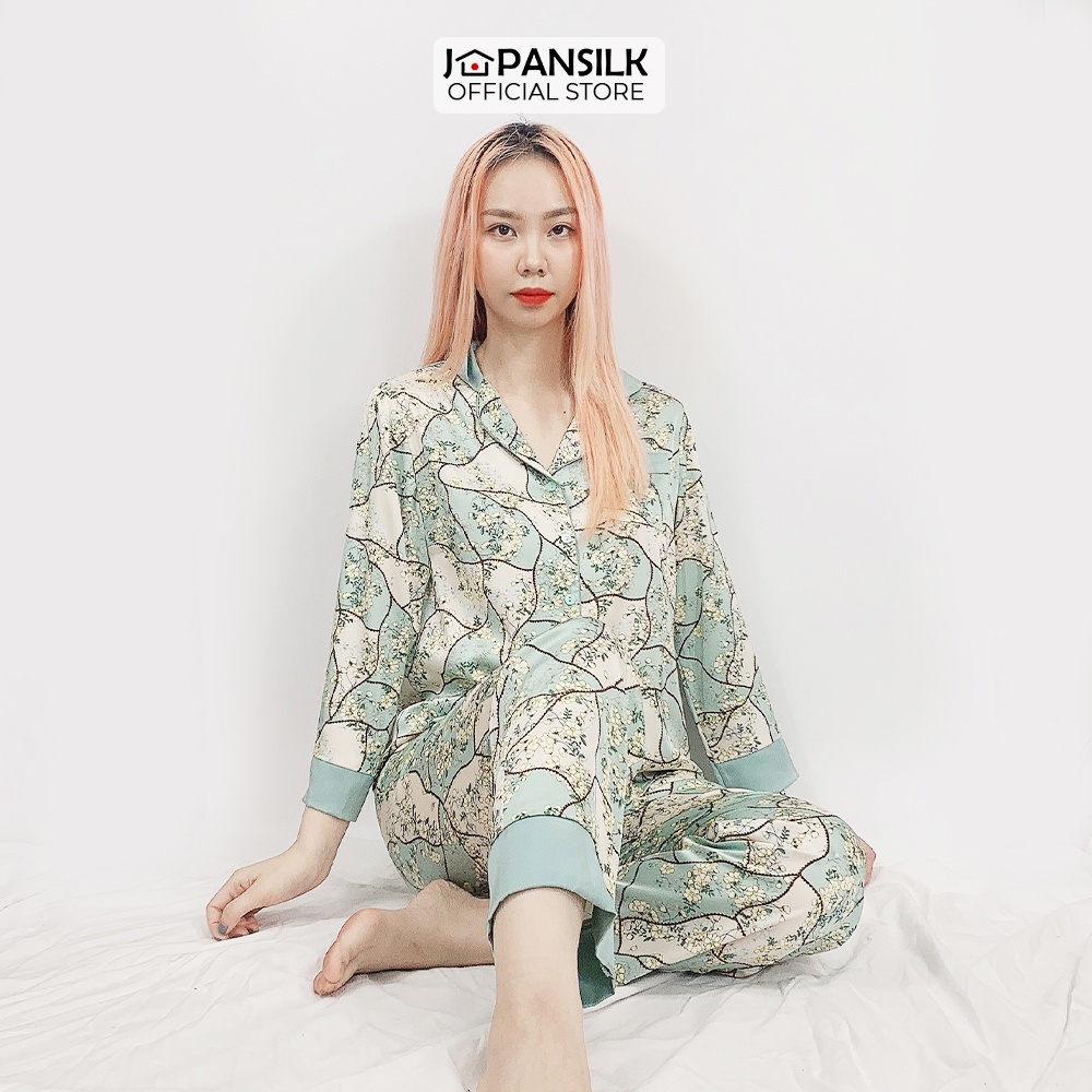 Pijama Lụa Satin Cao Cấp JAPAN SILK Họa Tiết Hoa Lily Trắng Xanh Trang Nhã BD032