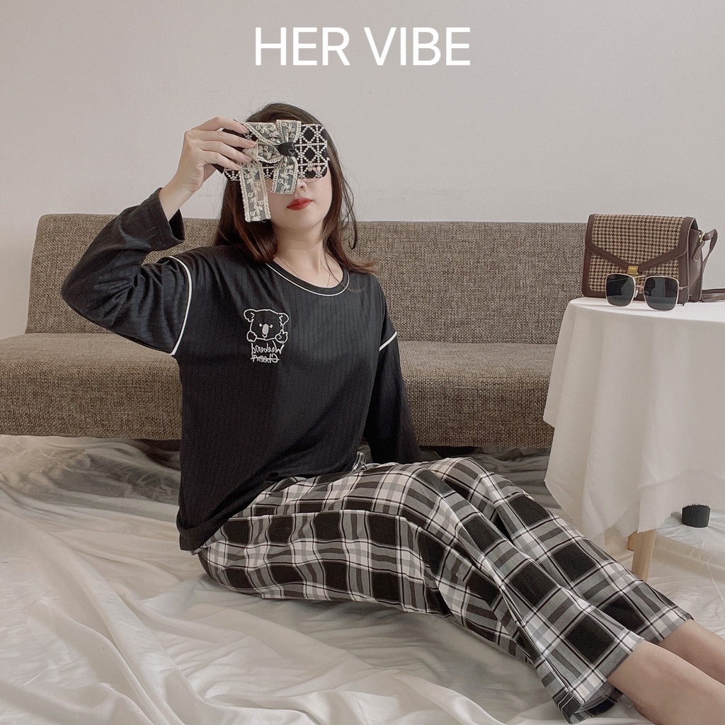 Bộ mặc nhà quần dài bộ đồ ngủ nữ pijama chất cotton sọc siêu thấm hút quần dài áo dài tay hình dễ thương Her Vibe | BigBuy360 - bigbuy360.vn