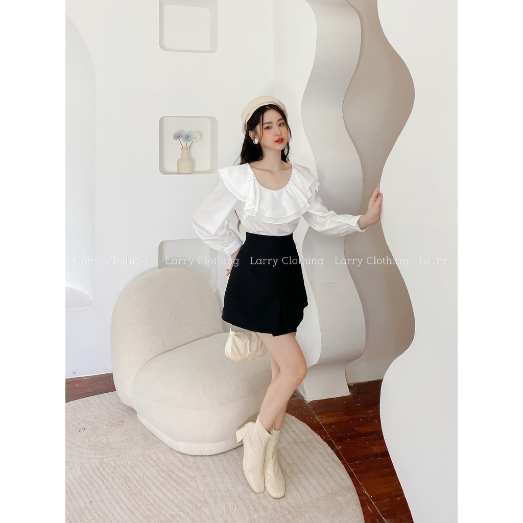 Áo thiết kế nữ sơ mi dài tay bồng cổ bèo chất thô Hàn Quốc nhã nhặn thời trang trang thiết Larry Clothing A677