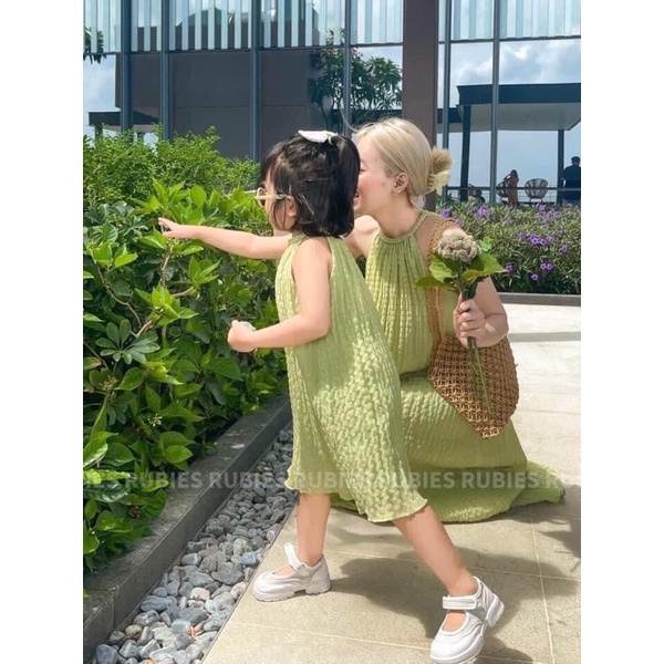 Đầm Maxi Xanh cốm Đi Biển, Đầm Đôi Mẹ Bé