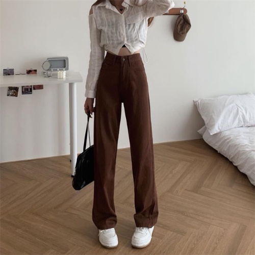 Quần jean nữ ống suông dáng dài lưng cạp cao chất liệu kaki jean bò màu nâu đen trắng phong cách Hàn Quốc trẻ trung