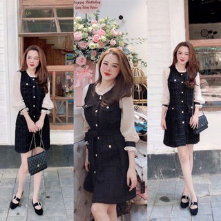 V888 Váy Dạ Công Sở, Cổ tàu xếp bèo phối tay tơ. đính cúc ngọc sang chảnh