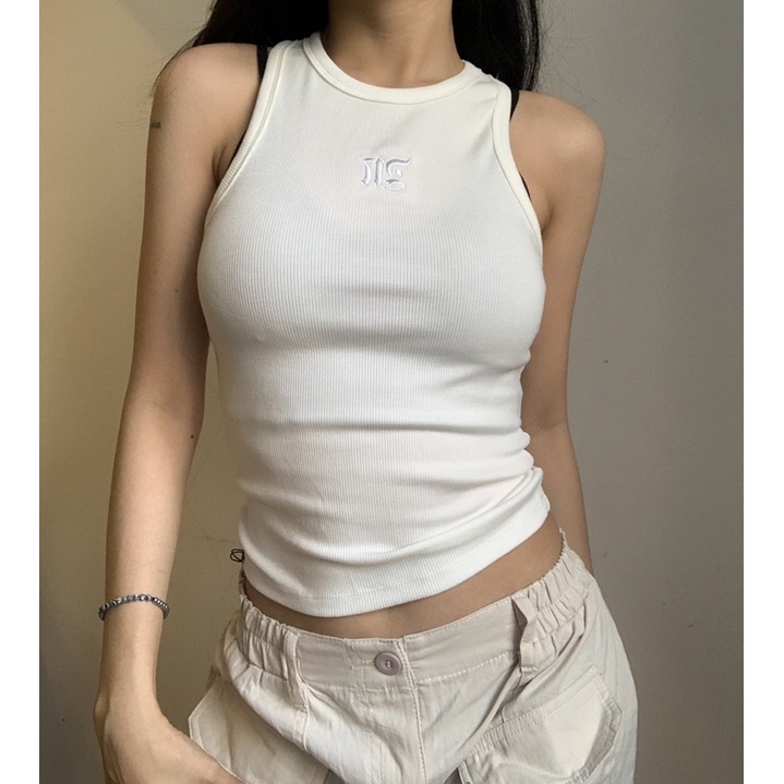 Áo Tank Top Dáng Dài Thêu M tiemmem - Trắng , Đen