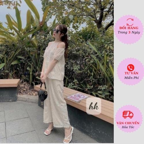 Set áo trễ vai nữ cổ yếm tay bồng ren hoa nổi kèm quần suông ống rộng đi biển du lịch ulzzang Hàn Quốc