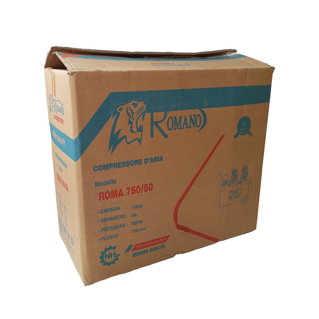 Máy nén khí không dầu Romano RM750/50, Bình 50L, Hai đầu nén độc lập, Công suất 1680W, Bảo hành 12 tháng