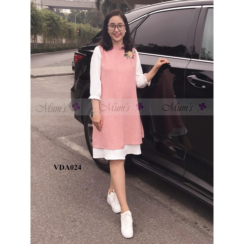 ĐẦM BẦU  FREESHIP  Đầm công sở VDA024 - dạ màu hồng xẻ tà cách tân cổ đính hoa