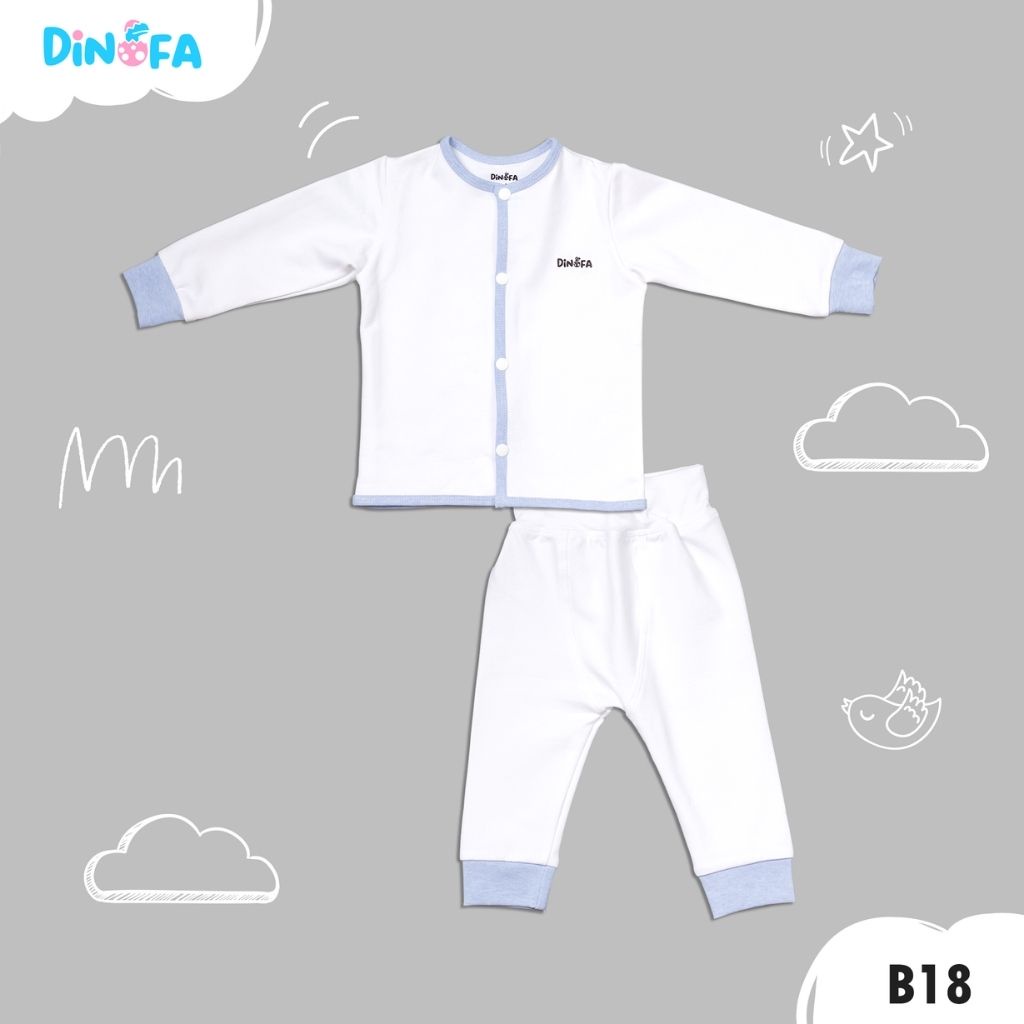 Set quần áo sơ sinh DINOFA cho trẻ 0-3M thiết kế cúc thẳng, màu trắng viền xanh nước biển_ B18 B23