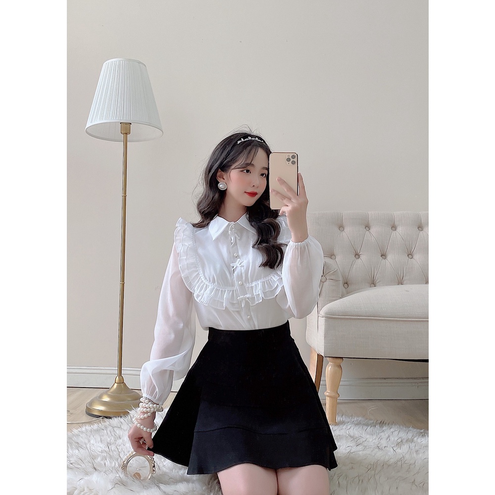 Áo sơ mi cổ viền bèo yếm đính cúc trai nữ LYRA, freeisze dáng suông kèm nơ xinh xắn, tiểu thư-VXYAS0071