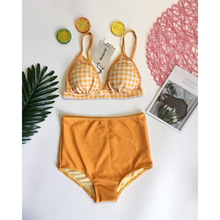Bikini cạp cao caro vàng(kèm hình thật)